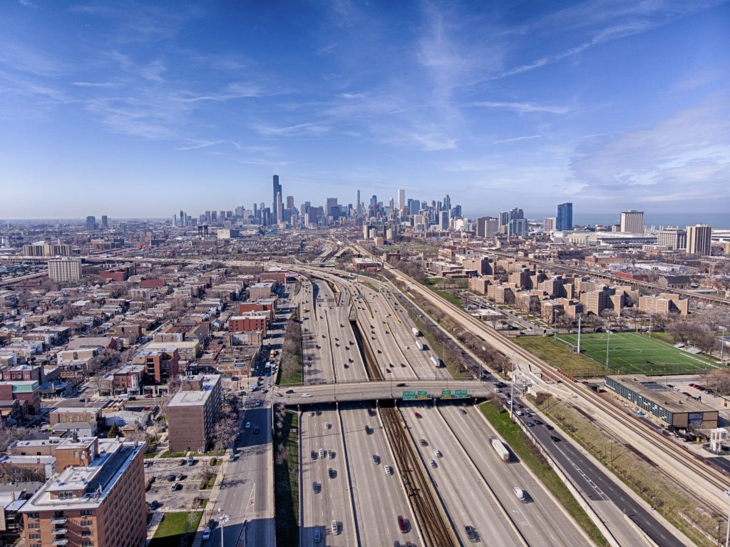Aerial view of Chicago interstate 90 highway and Downtown in the background